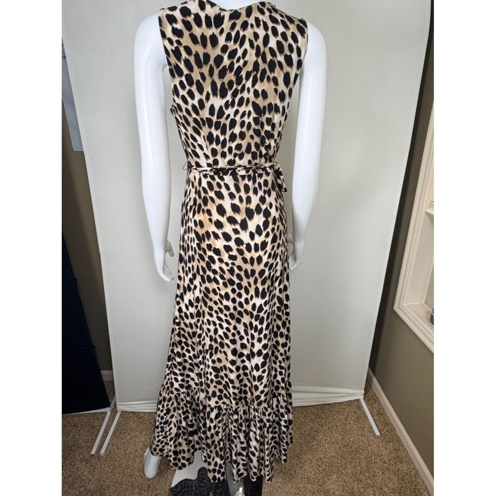 INC Leopard Print Maxi Dress Small Faux Wrap Tie Waist Ruffle Hem - Picture 5 of 8